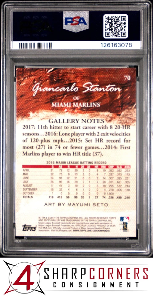 2017 TOPPS GALLERY ARTIST PROOF #70 GIANCARLO STANTON POP 1 PSA 10 - Image 2 of 3