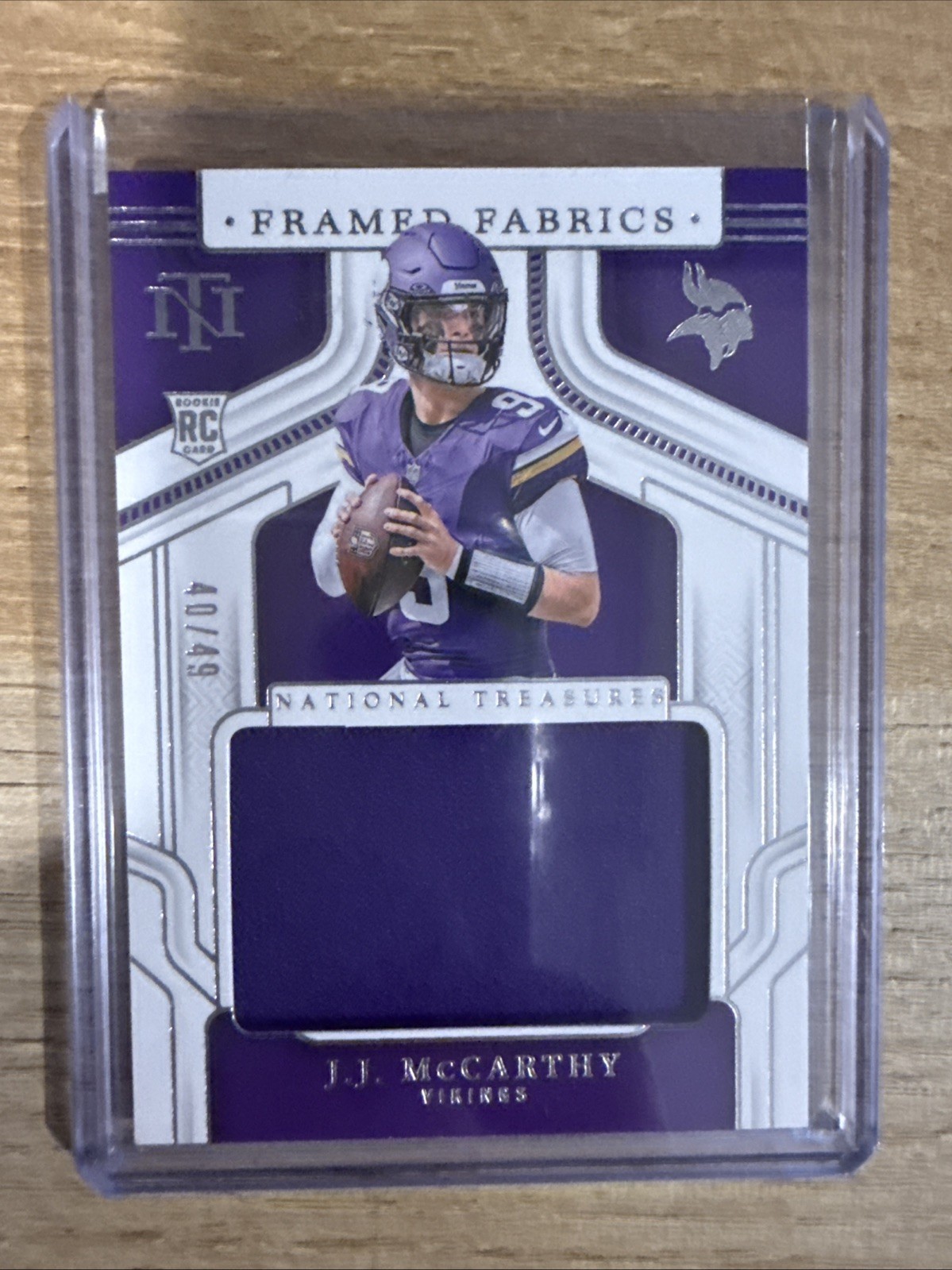 2024 National Treasures JJ McCarthy Framed Fabric Rookie Patch 40/49 RC