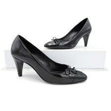  THE PERFECT  Vintage CHANEL Black Patent Leather CC Logo Cap Toe Heels sz 36 6
