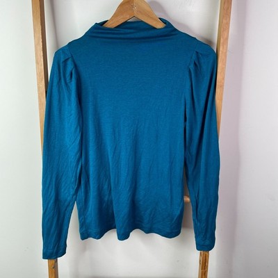 Saba Top Womens Extra Small Blue Mock Neck Pleated Puff Sleeve Stretch Outdoor