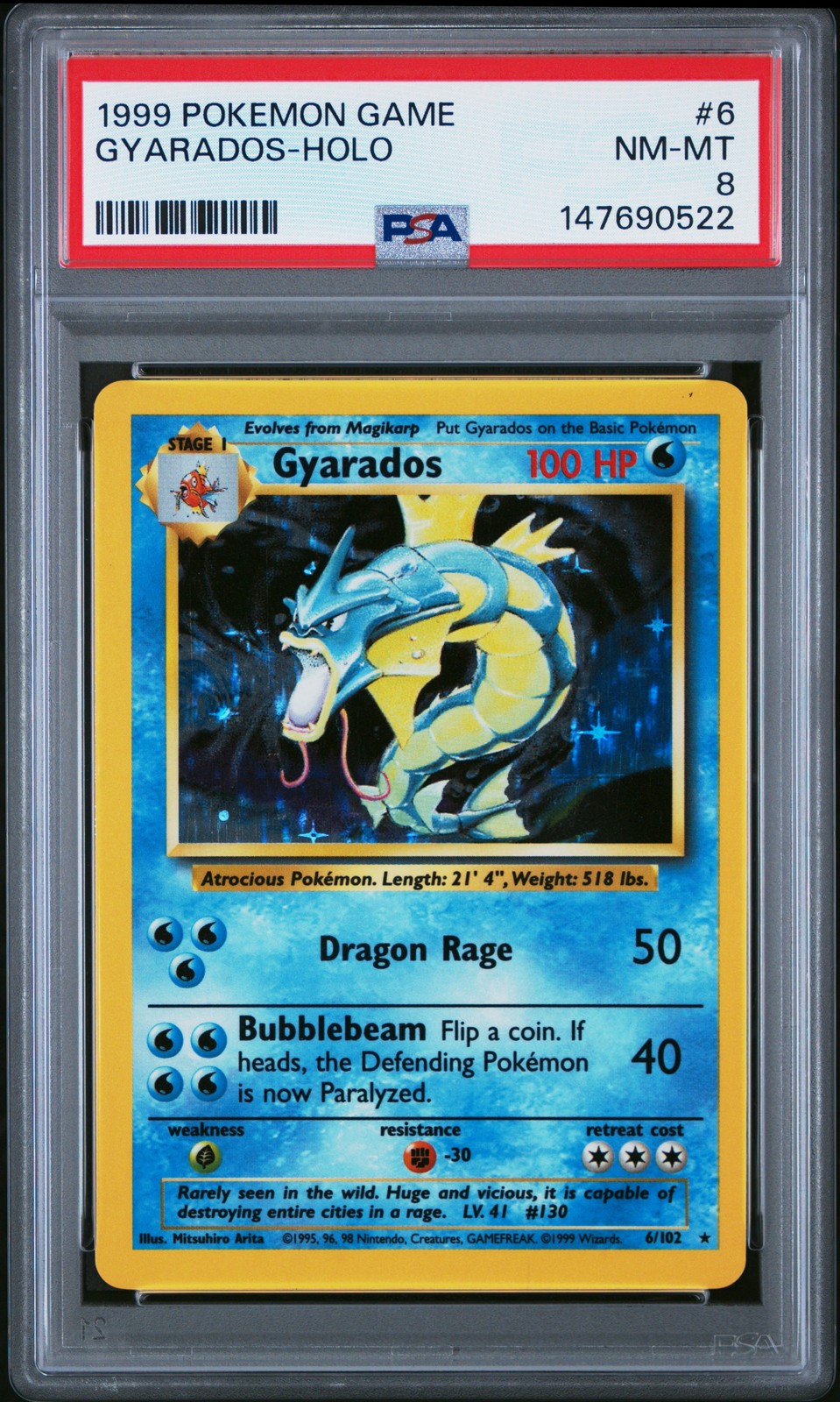 1999 POKEMON BASE SET UNLIMITED #6 GYARADOS-HOLO PSA 8