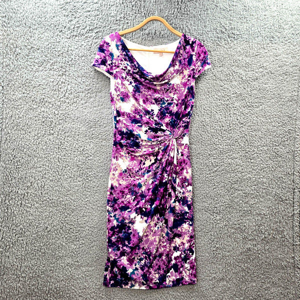 Diana Ferrari Womens Pencil Dress Size 8 Purple White Floral Stretch Knit
