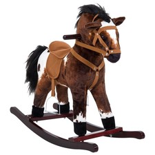 Kids Wooden Plush Ride-On Rocking Horse Chair Toy, Dark Brown/White