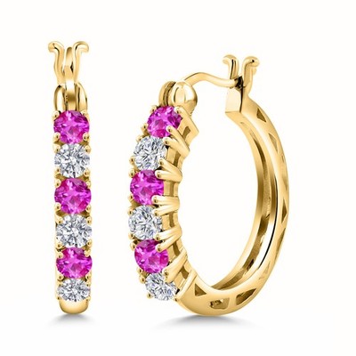 18K Yellow Gold Plated Silver Pink Sapphire and Lab Grown Diamond Hoop Earrings