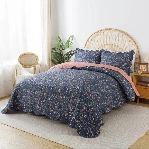 NUEVO Juego de colcha edredón edredón edredón edredón boho azul antro floral queen king Foto 4 de 4