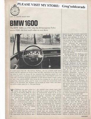 Original 1967  BMW 1600  five plus  page vintage Road Test, in print ad category