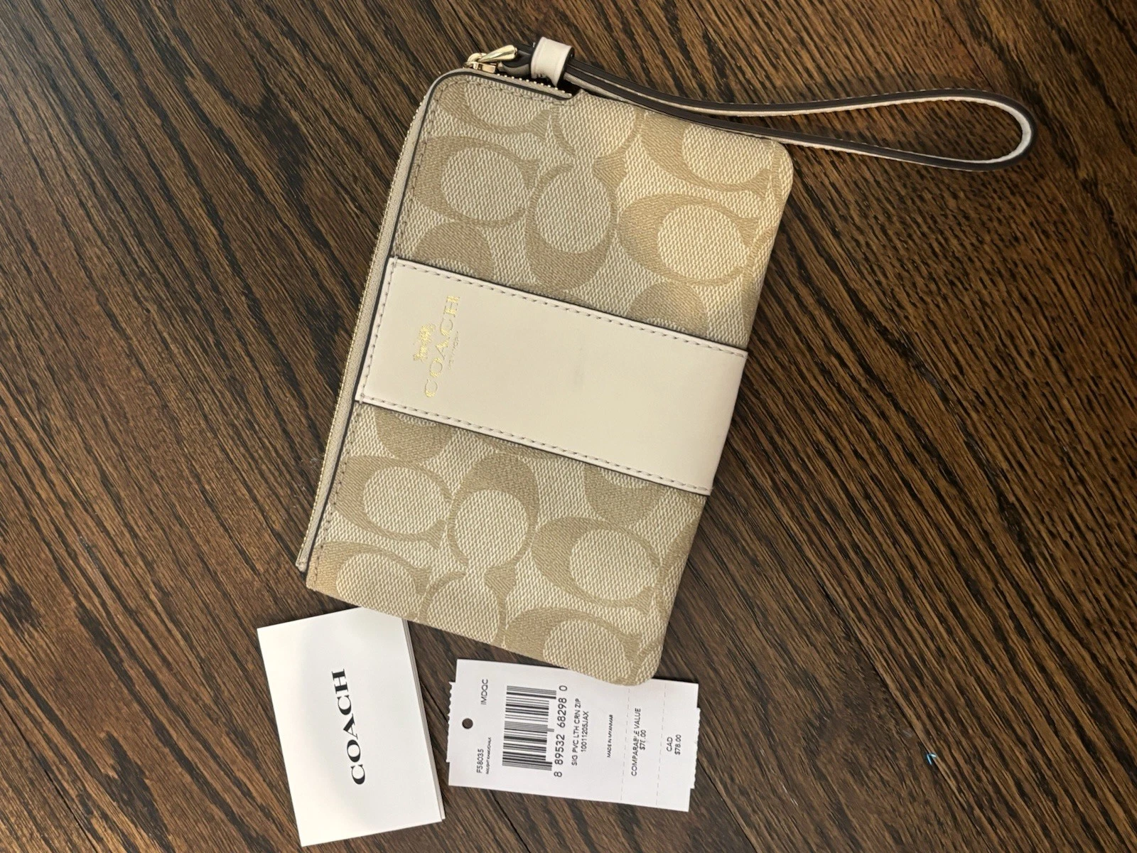 Coach F58035 Braccialetto con cerniera angolare in pelle PVC firmato Beige