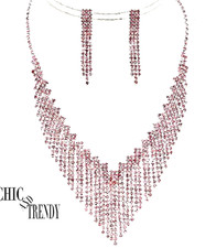 CLEARANCE PINK WATERFALL RHINESTONE CRYSTAL WEDDING FORMAL NECKLACE JEWELRY SET