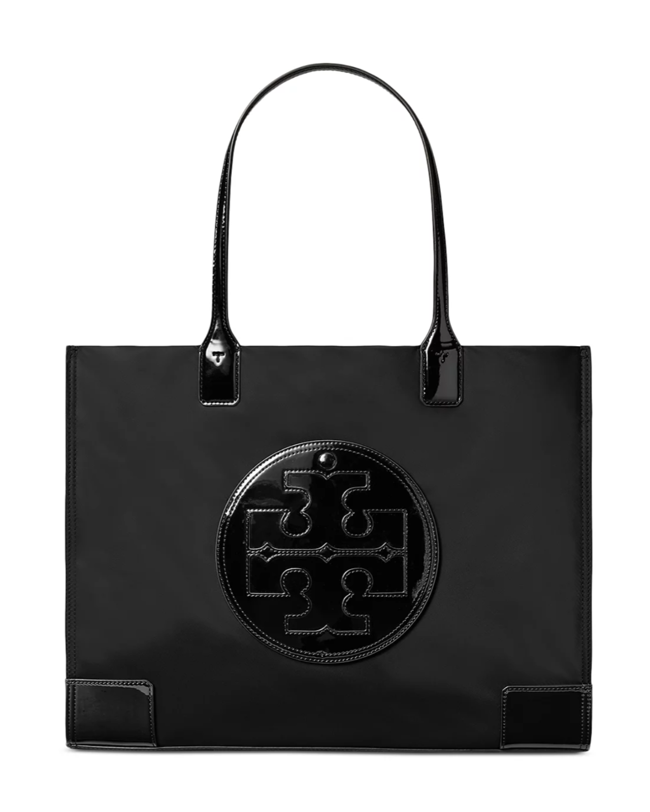 Tory Burch Ella Tote Bag Large Black Nylon Patent Leather Logo Shoulder NWT