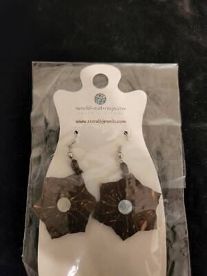 NEW World End Imports Trendy Jewels Wooden Earrings with Mother of Pearl Center