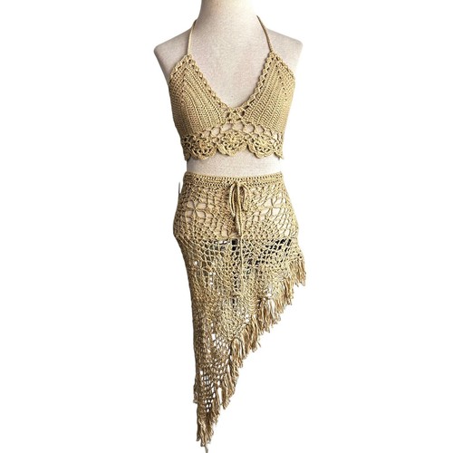 Summer Haus "Under The Sun" Nude Crochet Set Swim Top Skirt Small Beach Bunny