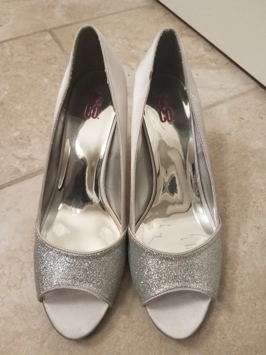 Women s Shoes Heels 3 Inch Silver Sateen Glitter Peep Toe 9 CO