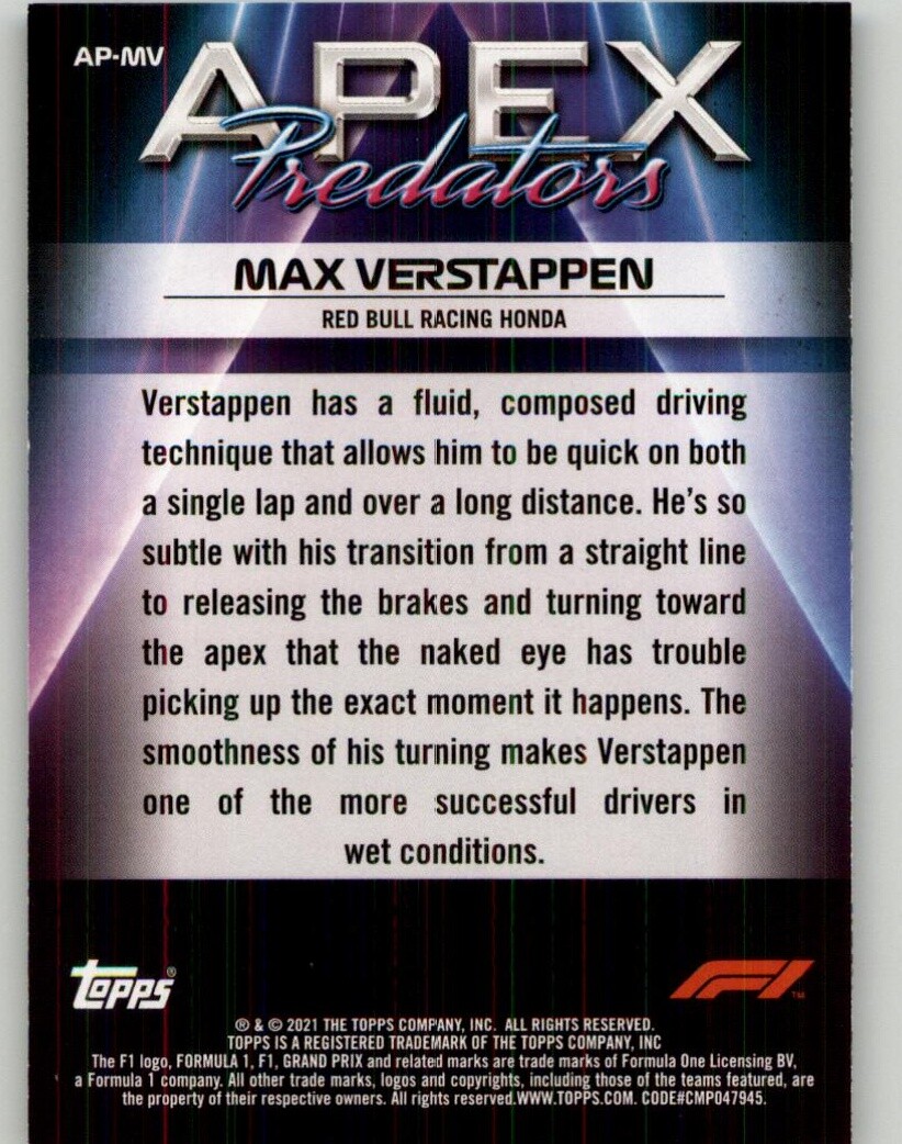 2021 Topps Formula 1 Max Verstappen Apex Predators #AP-MV Red Bull