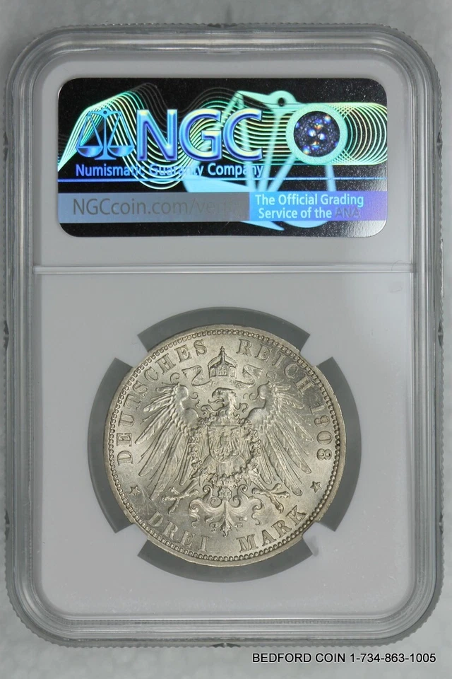 NGC MS62 1908-J HAMBURG GERMANY SILVER 3 MARKS  (BC03) - Image 2 of 2
