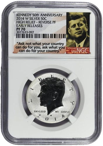 2014-W NGC PF70 Silver High Relief Reverse Proof 50th Anniversary Kennedy Half