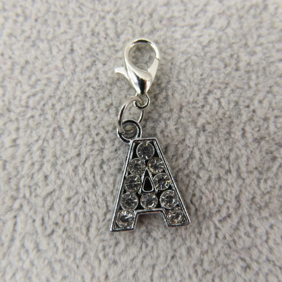 RHINESTONE Initial LETTER A Charm Zipper Pull Keychain Add On Clip Silver Tone - Image 3 of 4