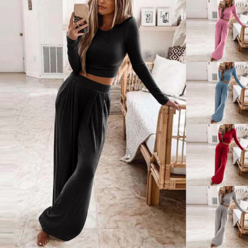 2Pcs Womens Tracksuit Crop Tops Loose Pants Set Lounge Wear Yoga Gym Sport Suit