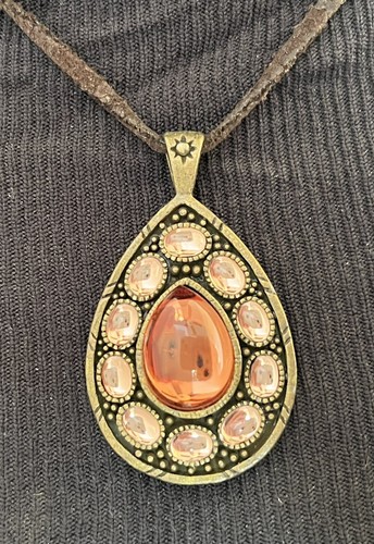 Vintage Robert Rose Amber Pendant Necklace Bronze Toned Teardrop Fall Autumn