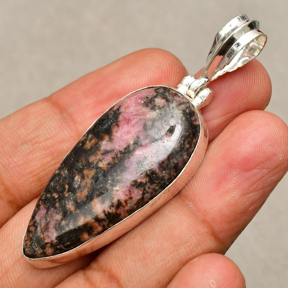 Pingente de joia de prata esterlina 925 feito à mão com pedra preciosa de rodonita 2,28" - Imagem 3 de 4