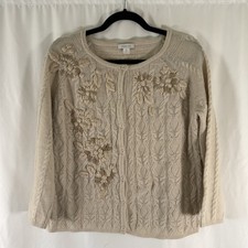 Garnet Hill 100 Lambswool Cardigan Women's Medium Ivory Floral 3/4 Sleeve