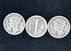 THREE Mercury SILVER DIMES, 3 COINS, RANDOM Year And Mint Mark, FREE SHIPPING!