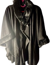 Mixit Black Faux Fur Trim Mid-Length Cape One Size Collared Button