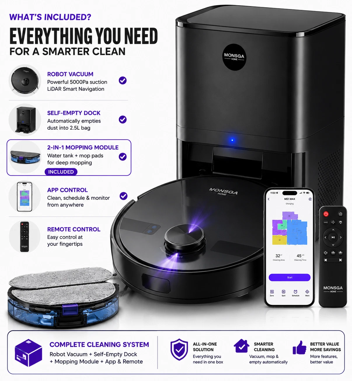 Robot Vacuum Cleaner 5000Pa LiDAR Self Empty Dock Mop App Control 120Min
Opens in a new window or ta