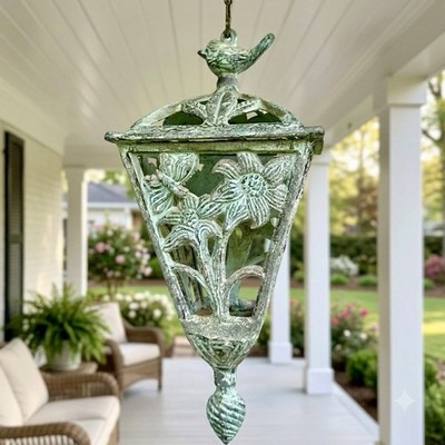 Vintage Heavy Cast Aluminum Hanging Garden Lantern Bird Butterfly Dragonfly 14 