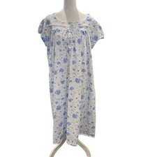 Eileen West Blue Floral Cotton Nightgown Lace Trim Button Front Midi Large