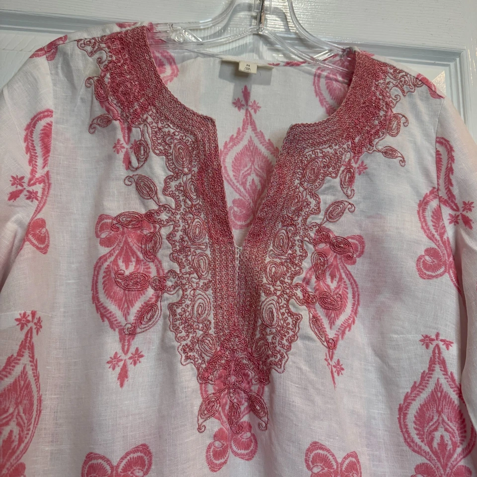 Túnica Charter Club Luxury Mujer Rosa Blanca 100% Lino Bordado Escote Talla M Foto 2 de 4
