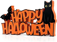 Halloween Table Decorations Happy Sign Black Cat Bat Multicolor 