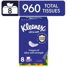 Kleenex Ultra Soft Facial Tissue Box, 120 Count - 8 Pack