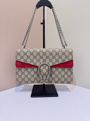 Gucci Dionysus GG Supreme Beige/Red Canvas Chain Shoulder Bag Women 28*17*7cm