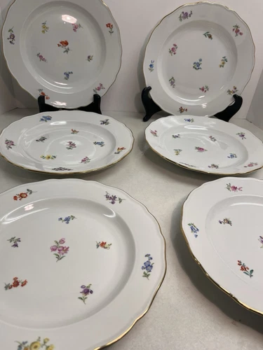 Meissen Scattered Flowers 9-7/8” Plate Set Of 6 Gold Edge X Mark