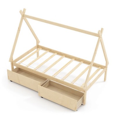 Twin Size Wooden Tent Platform House Bed with 2 Drawers-Natural - Color: Natural