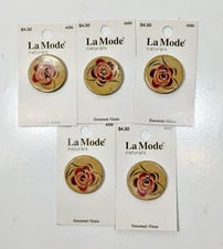 La Mode Red Rose Tan Coconut Wood Button 1 Piece x 5 Cards 1 1/4"  2-Hole