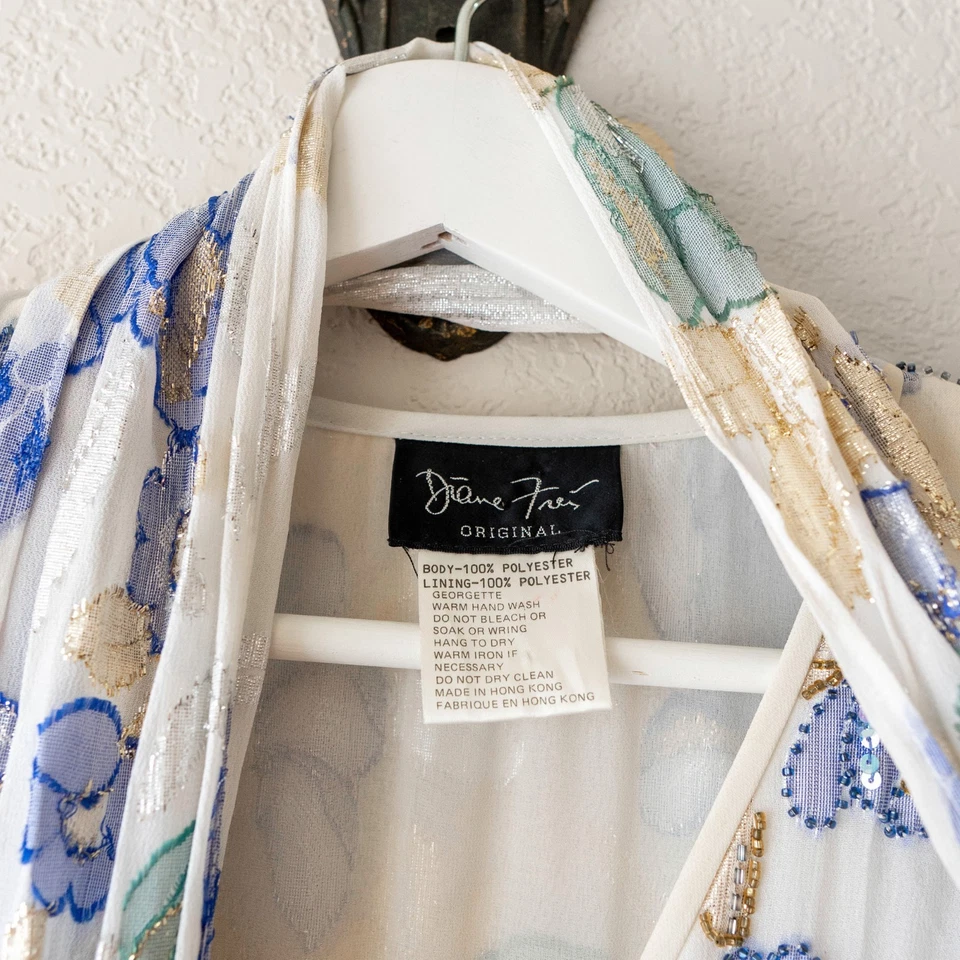 Vestido Vintage Diane Freis Georgette Talla L Boho Floral Midi con Bordado de Cuentas Foto 2 de 4