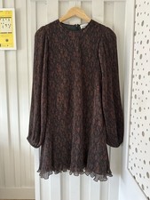 Ganni Pleated Georgette Mini Dress Black Brown Patterned Size 38 UK 10