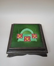 Antique Art Nouveau Majolica Green Tile Mounted Trivet