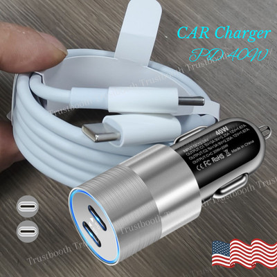PD 40W Dual USB-C Fast Car Charger Type C Cable For iPhone 15 17 Pro Max 16 Plus