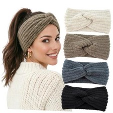 Winter Headbands for Women Knit Wide 4 Pcs: Cream, Khaki, Black, Dark Grey