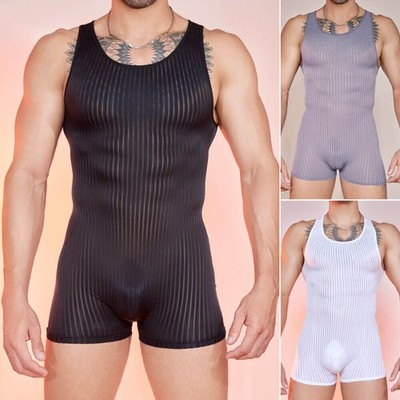 Herren Gestreift Transparent Wrestling Singlet Body Einteiler Ärmellos Bodysuit