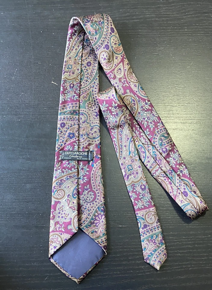 Corbata de seda Guy Laroche para hombre alta costura grande diseño cachemir rosa EE. UU. De colección Foto 2 de 4