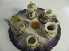 Beautiful Fairy Miniature 5" Tea Party Set Water Lily Flowers Tea Cups 9pc READ