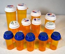 Empty Amber Medicine Pill Bottles, 13, Varied Sizes w/Lids, Clean, Craft Storage