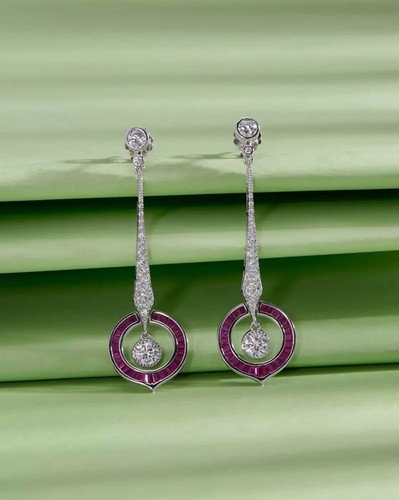 Vintage Art Deco 2Ct Lab Created Red Ruby Dangle Earrings 14K White Gold Plated - Picture 4 of 8