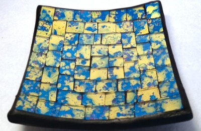 Ceramic and Mosaic Art Glass Tray, Deep Blue Sea Theme, Small 4.5'' by 4.5''
