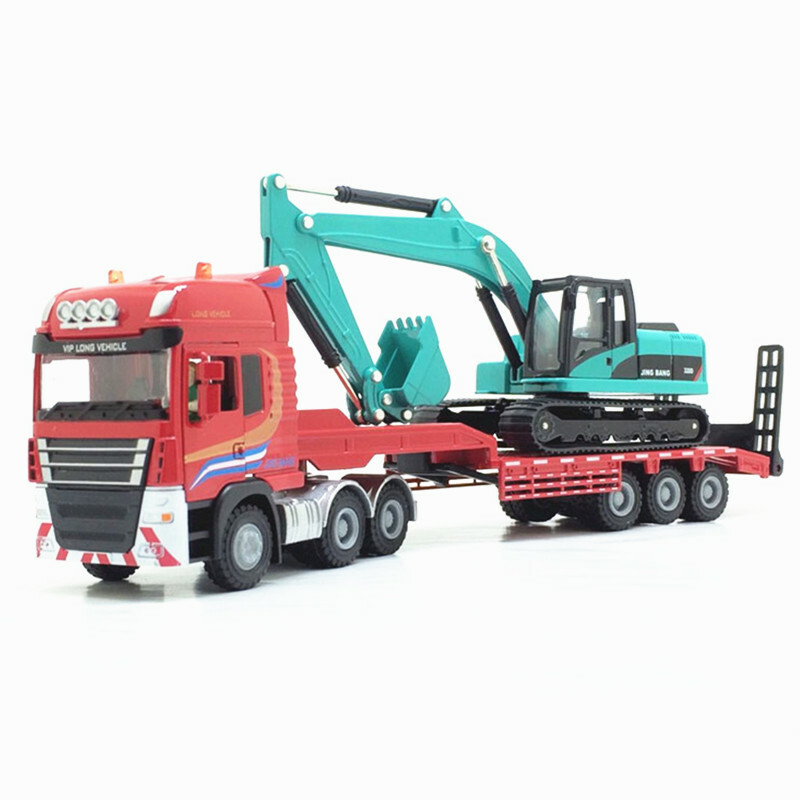 1:50 Alloy Flatbed Trailer Trucks + Blue Excavator Models