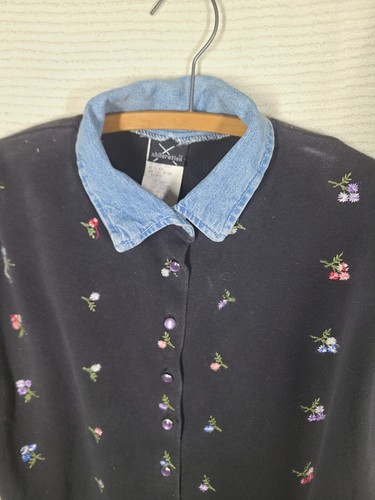 Vtg Y2k Xhilaration Shirt Denim Collar Black Embroidered Knit XL Usa Delia's - Picture 9 of 10