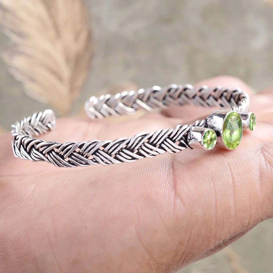 Green Peridot Cut Gemstone Bangle 925 Sterling Silver Handwork Gift Bracelet - Image 4 of 4